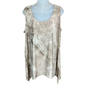 AB Studio Top Scoop Neck Tan White Shimmer Floral Embroidery Hem Side Slits XL